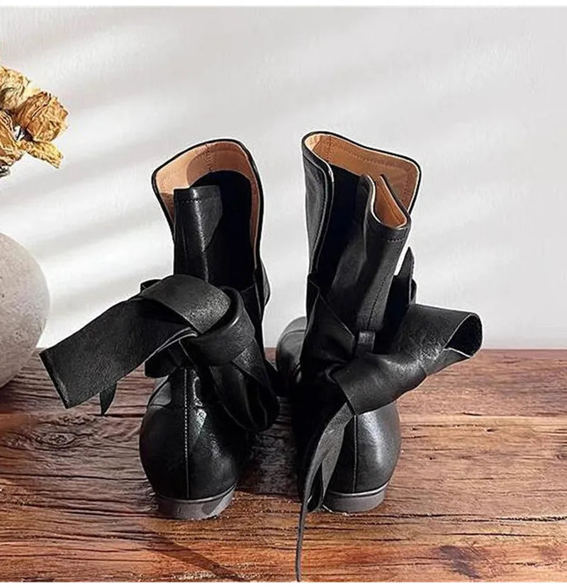 Soft Leather Lace-up Ankle Boots Comfortable Flats Short Booties Bowknot Chelsea Boots Shoes Botas